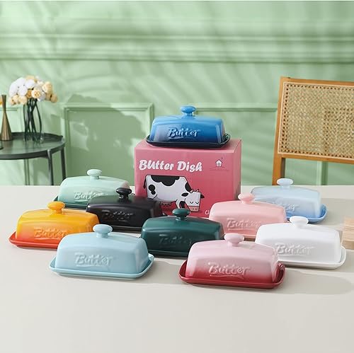 Miniatura 9 de Candiicap - Mantequillera grande de porcelana con tapa, plato de mantequilla clásico que cambia de color para encimera, soporte grande para