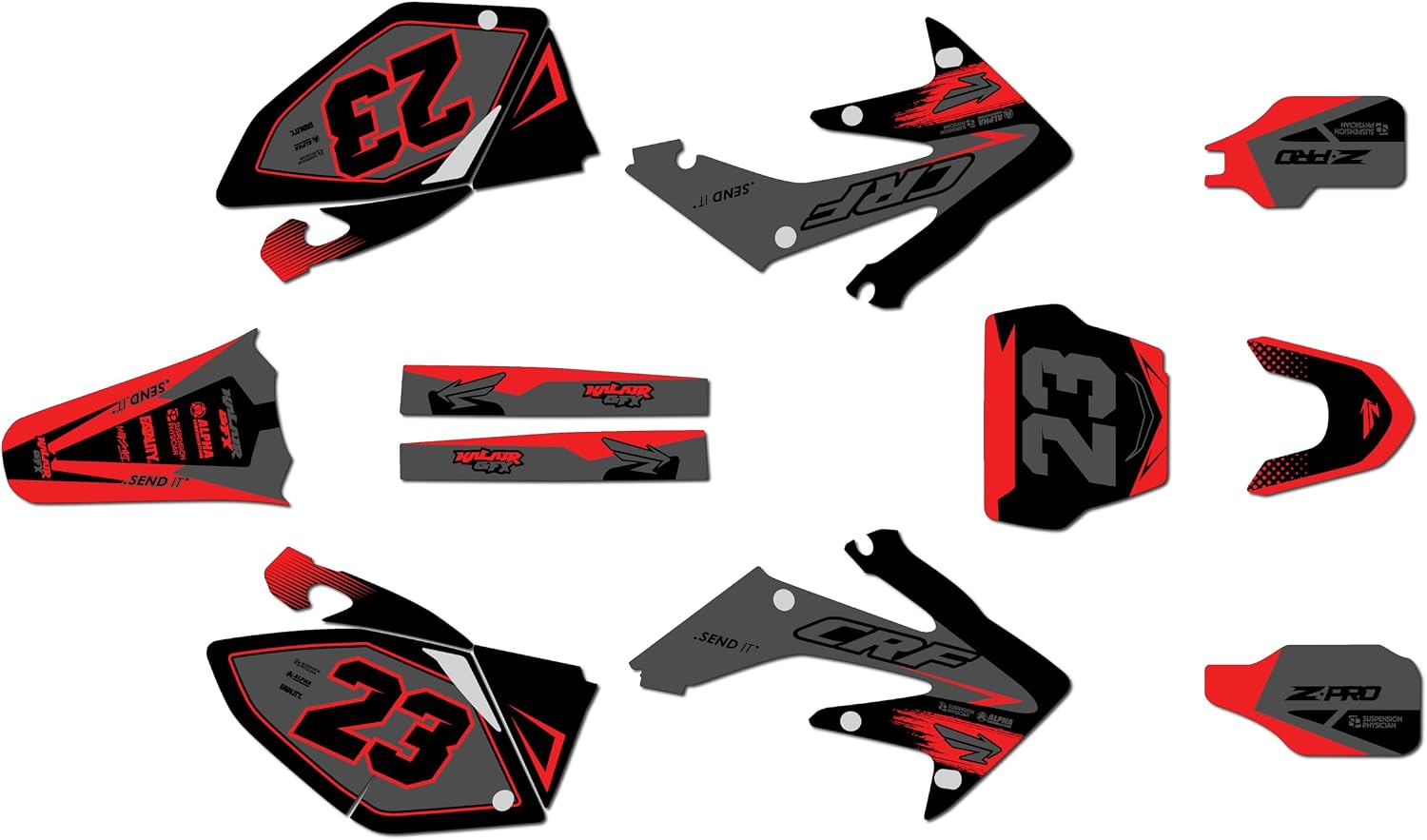 Graphics Kit for Honda CRF250R (2004-2009) EVADER Series Black 09 Mil - Dirt pit bike motorcycle stickers, dirtbike racing automotive decal motocross accessories no-plastics