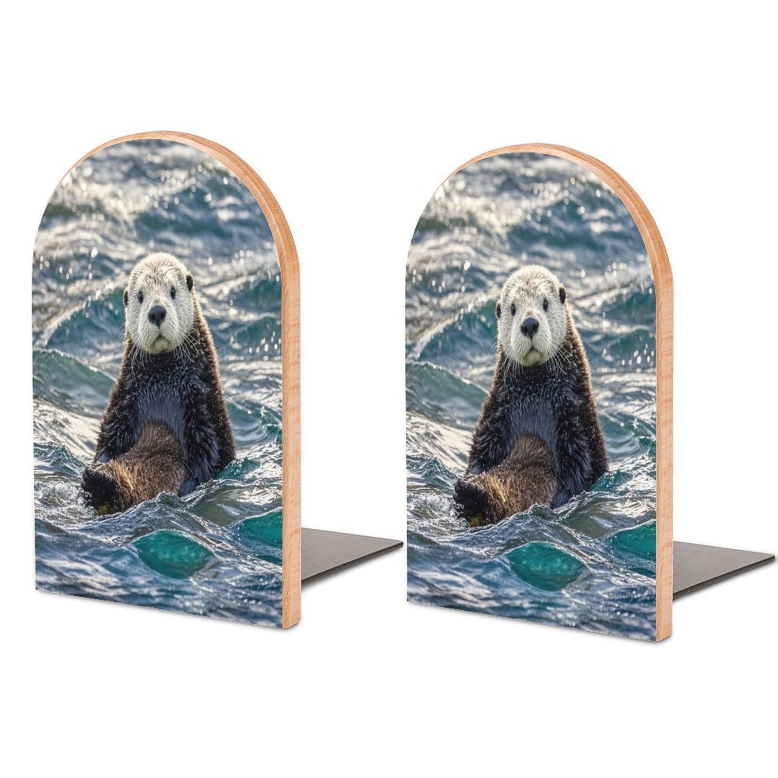 Sea Otter Book Ends Wood Non-Skid Bookend for Shelves Heavy Duty Bookends with Metal Base Decorative Books Stopper Desk Organizers Book Dividers for Office Home 1 Pair