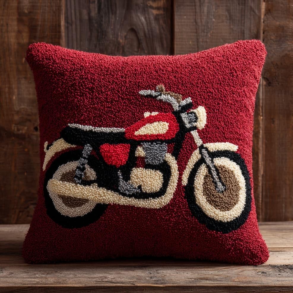 Kit DIY latch hook coussin 43x43cm avec canevas imprimé motif moto rétro