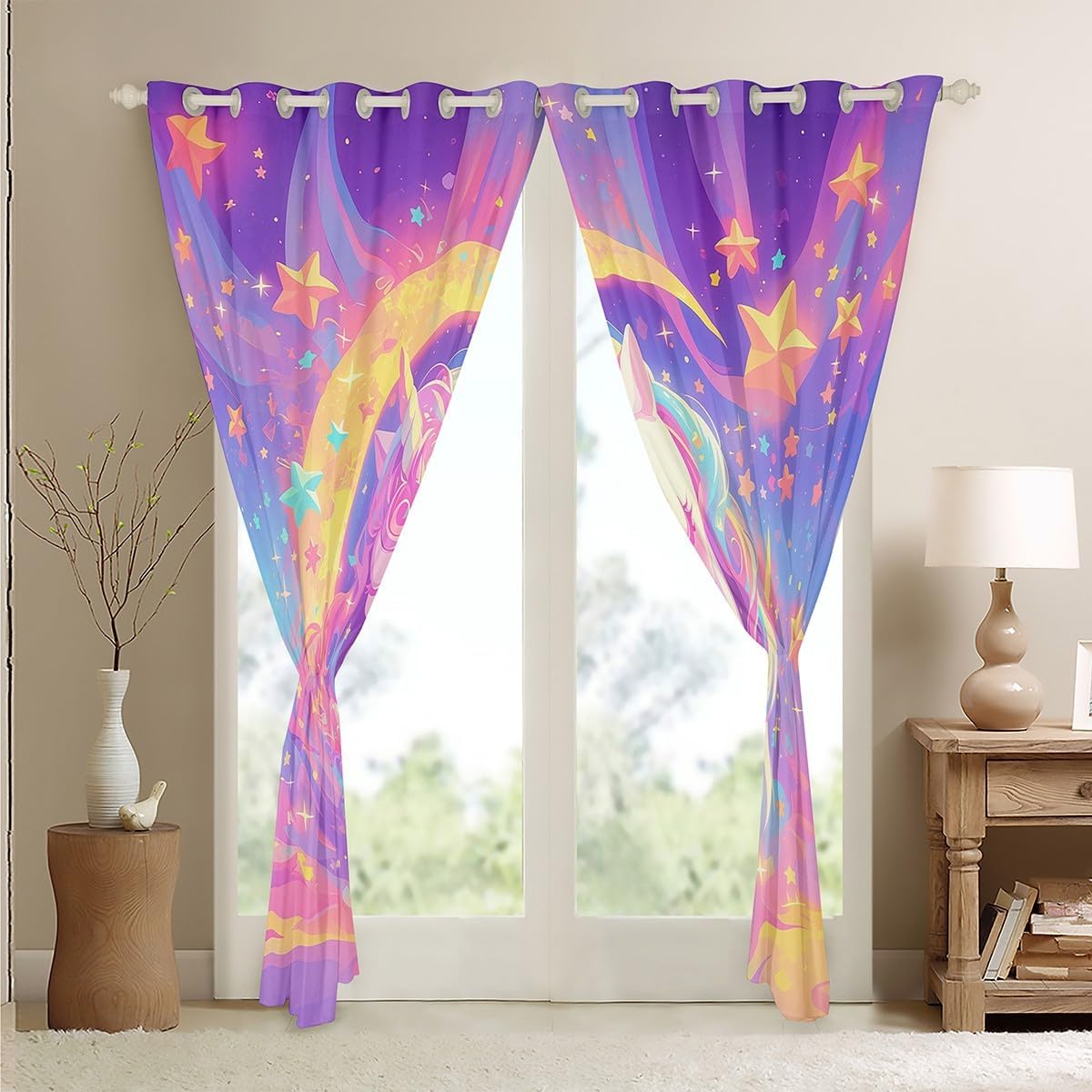 Erosebridal Cartoon Unicorn Curtains 38" Wx45 L, 2 Panels Moon Stars Blackout Curtains for Kids Galaxy Sky Clouds Fantasy Horse Curtains & Drapes Dreamy Night Magic Bedroom Decor Window Curtains