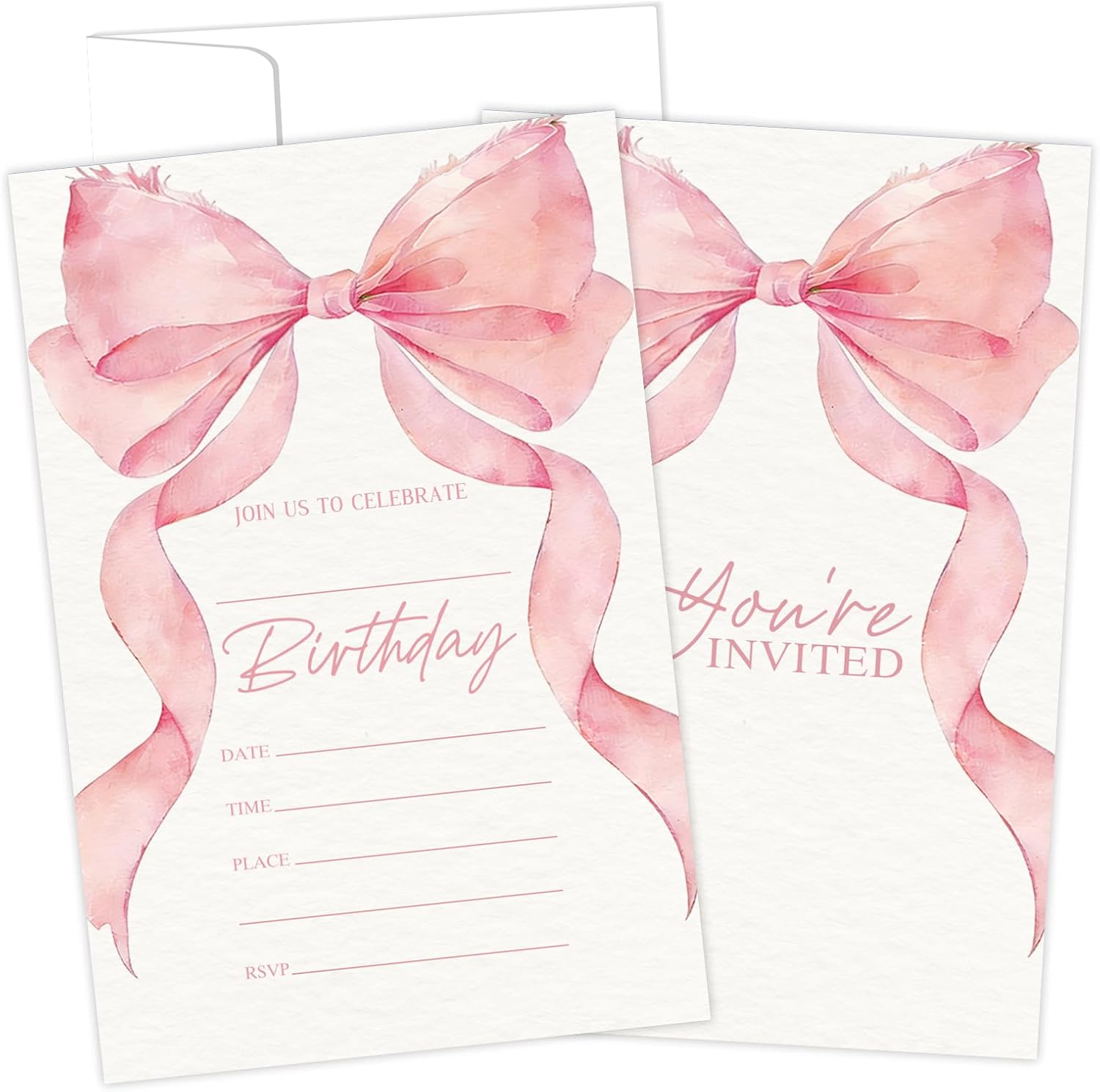 25 Pink Bow Birthday Invitations Cards, Pink Ribbon Bow Fill-in Party Invitations with Envelopes for Girls, Birthday Dinner Party Favor & Decoration (4"x 6") - B04