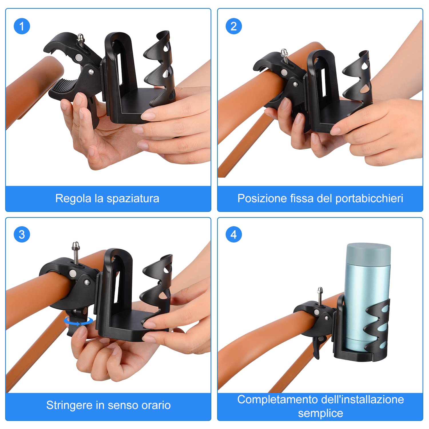 supregear Portabicchieri per Passeggino, Universale Rotazione a 360 Gradi portabicchiere passeggino, Elevata stabilità Porta Borraccia per Bici, Passeggini, Sedie a Rotelle, Moto, Nero