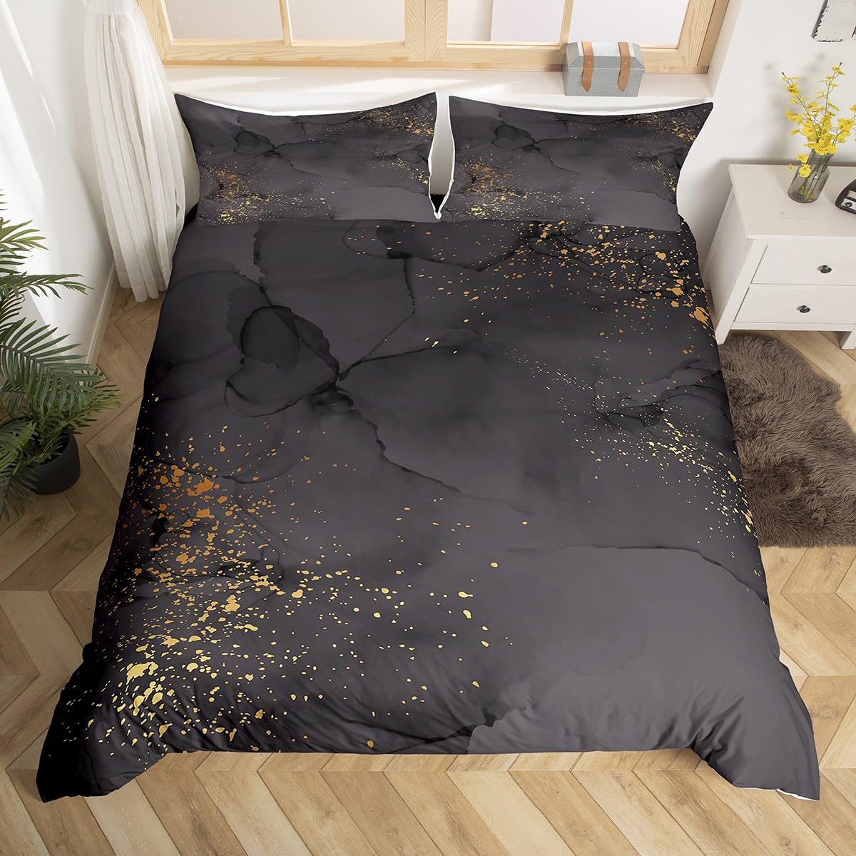 Tasselily Set Copripiumino King Size 5 Pezzi – Biancheria Da Letto Con Stampa Marmo E Lamina Oro – Nero/Dorato