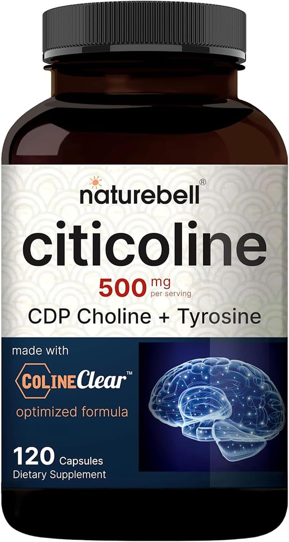 NatureBell Citicoline Supplements, CDP Choline, Citicoline 500mg Plus Tyrosine 50mg Per Serving, Optimized Dosage, 120 Capsules, 2 in 1 Formula, Dual Action Brain Supplement, Non-GMO
