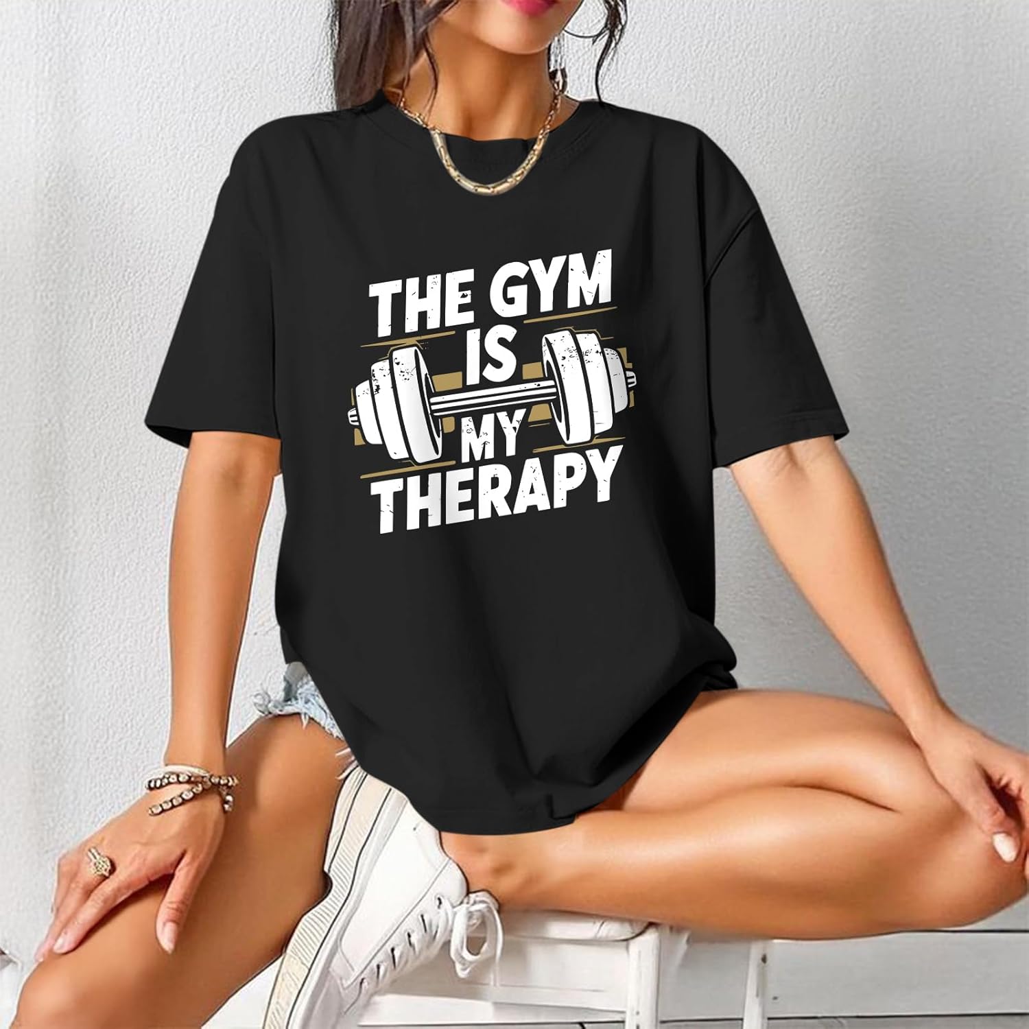 Funny Gym Shirts for Women Workout Weight Lifting Tshirts Weightlifting Graphic Oversized Gym is My Therapy Tee Tops - Image 3