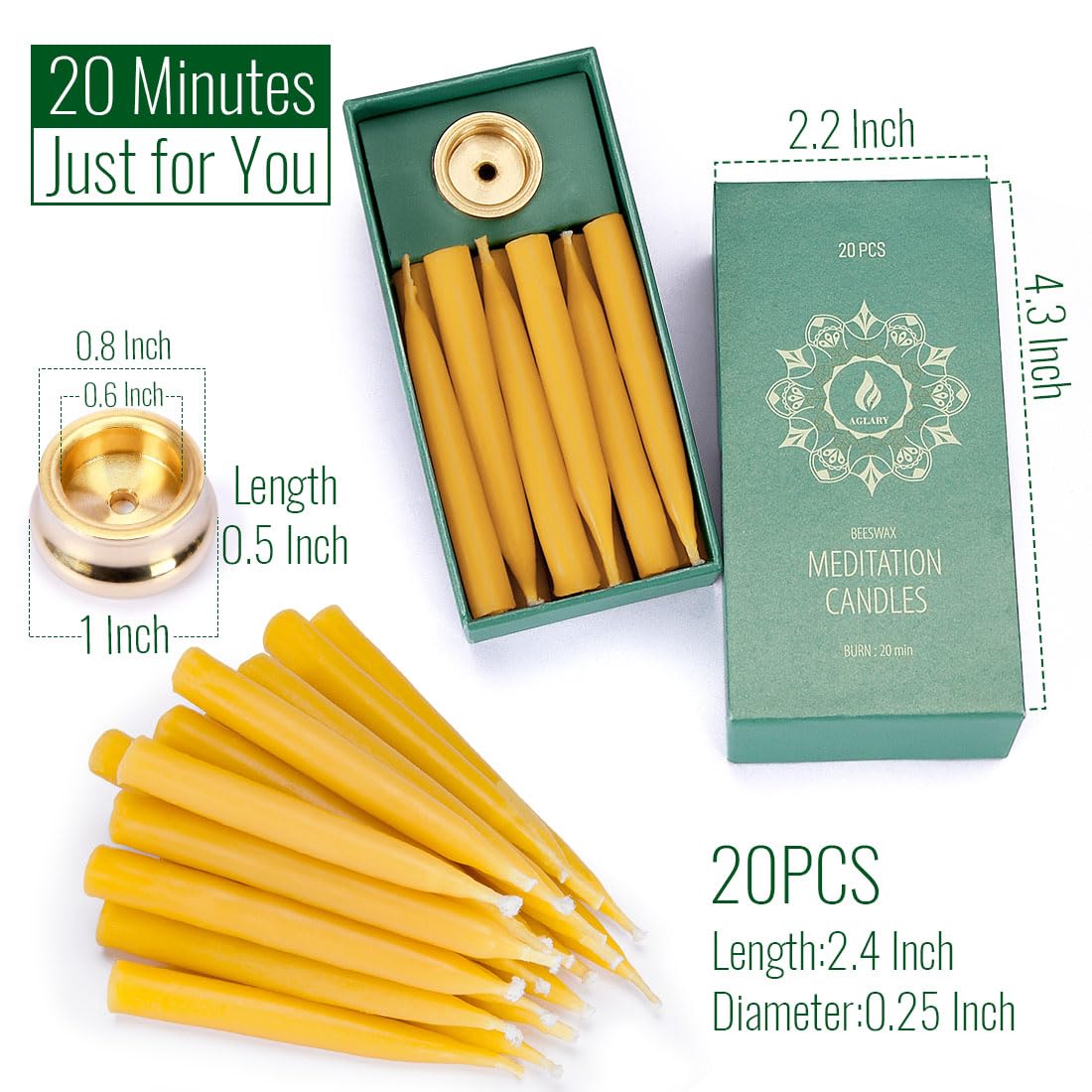 Best Meditation Candles for a Calmer 2026 1 AGLARY 20-Minute Beeswax Meditation Candles, 20-Count with Brass Holder — product photo