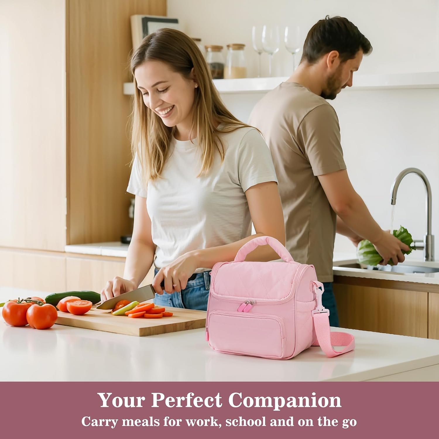 HASHMUST Lunch Bag for Women Adults, Portable Insulated Puffer Lunch Tote Bag, Reusable Leakproof Lunch Box Cooler with Handles For Work Picnic Travel Trip - Pink