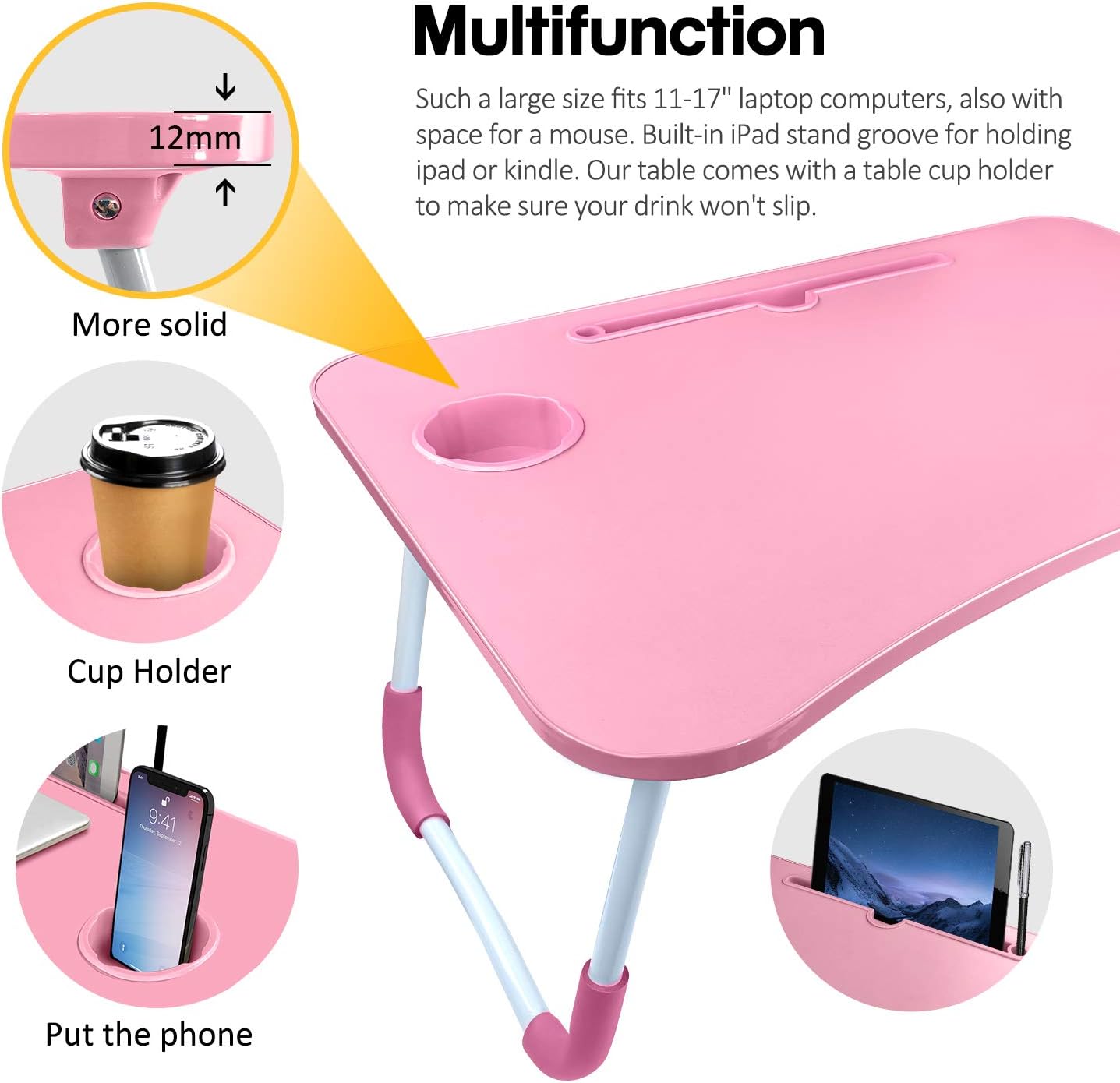 KPX Portable Laptop Bed Table, Fordable Lap Desk with Cup Slot & Notebook Stand Breakfast Bed Trays for Eating and Laptops Book Holder Lap Desk for Floor,Couch, Sofa, Bed, Terrace, Balcony (Pink)