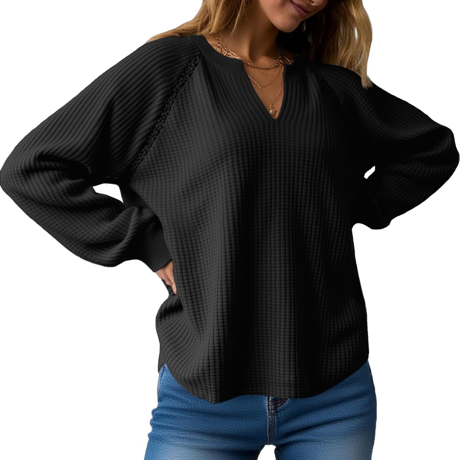 Fisoew Womens Oversized Long Sleeve Shirt Casual Waffle Knit Tunic Tops Lace Patchwork Pullover Sweatshirt
