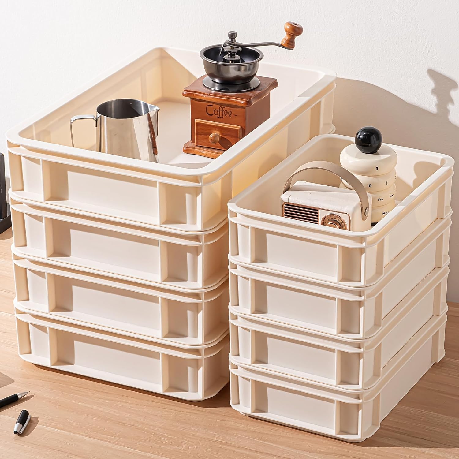 YUNGSHY Plastic Storage Bins, Straught Wall Handled Storage container Tote ,Space-Saving Stackable Bins for Shevels Garage, Pantry, Craft Organization (Light Gray, 4S+4L)