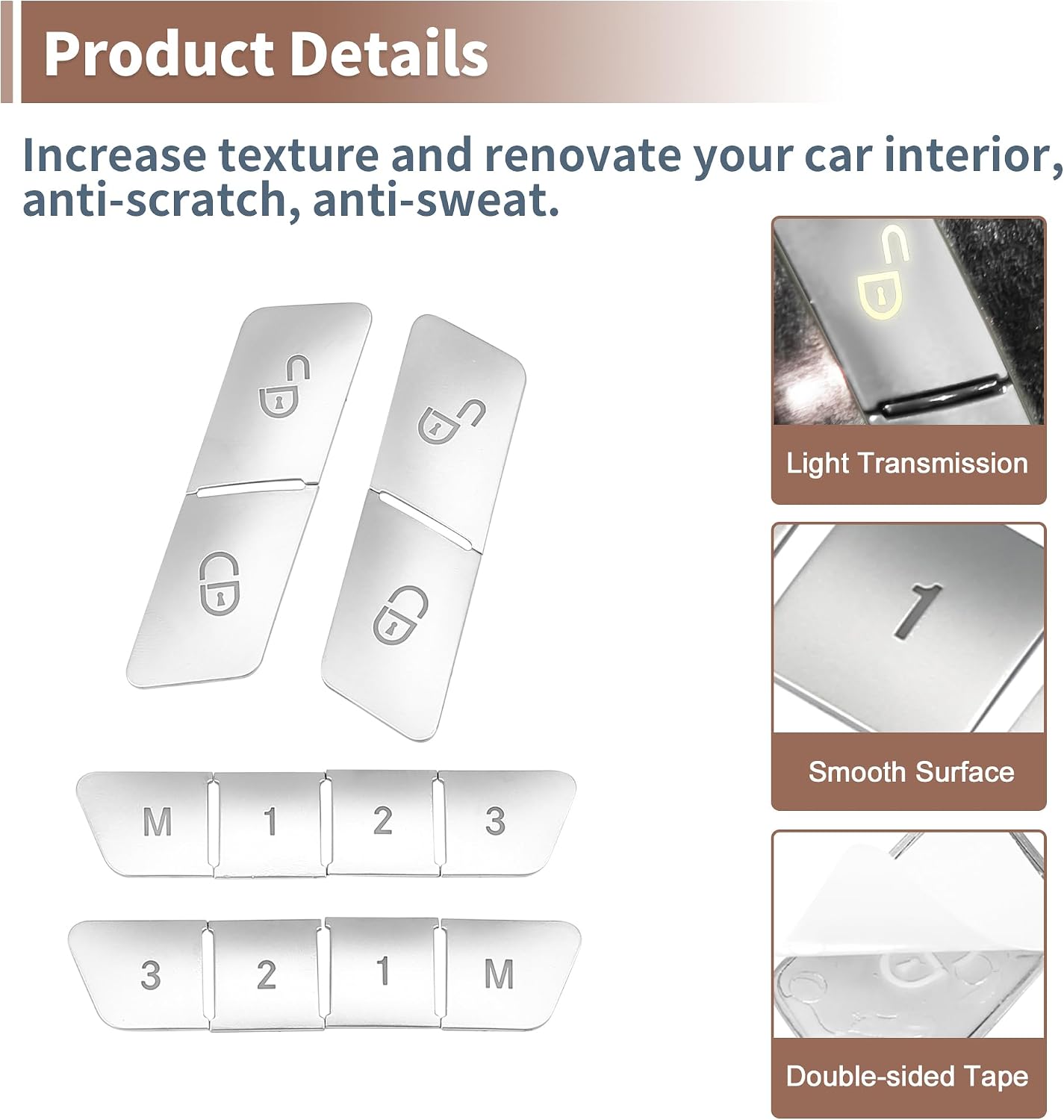 Set of 12 Car Seat Memory Door Lock Unlock Button Sticker Adjust Switch Button for Mercedes-Benz a Class 2013-2017 Interior Trim Accessory Silver Tone
