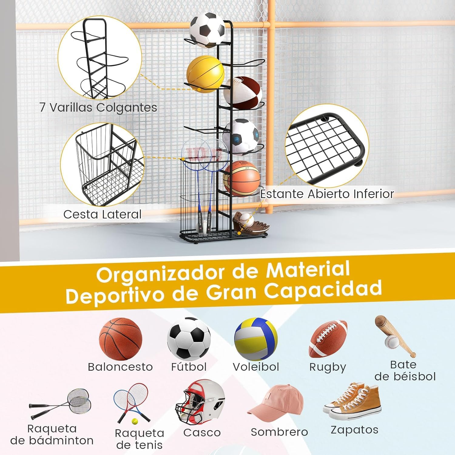 GOPLUS Soporte Universal de 7 Niveles, Estante de Metal para Deportes, Negro