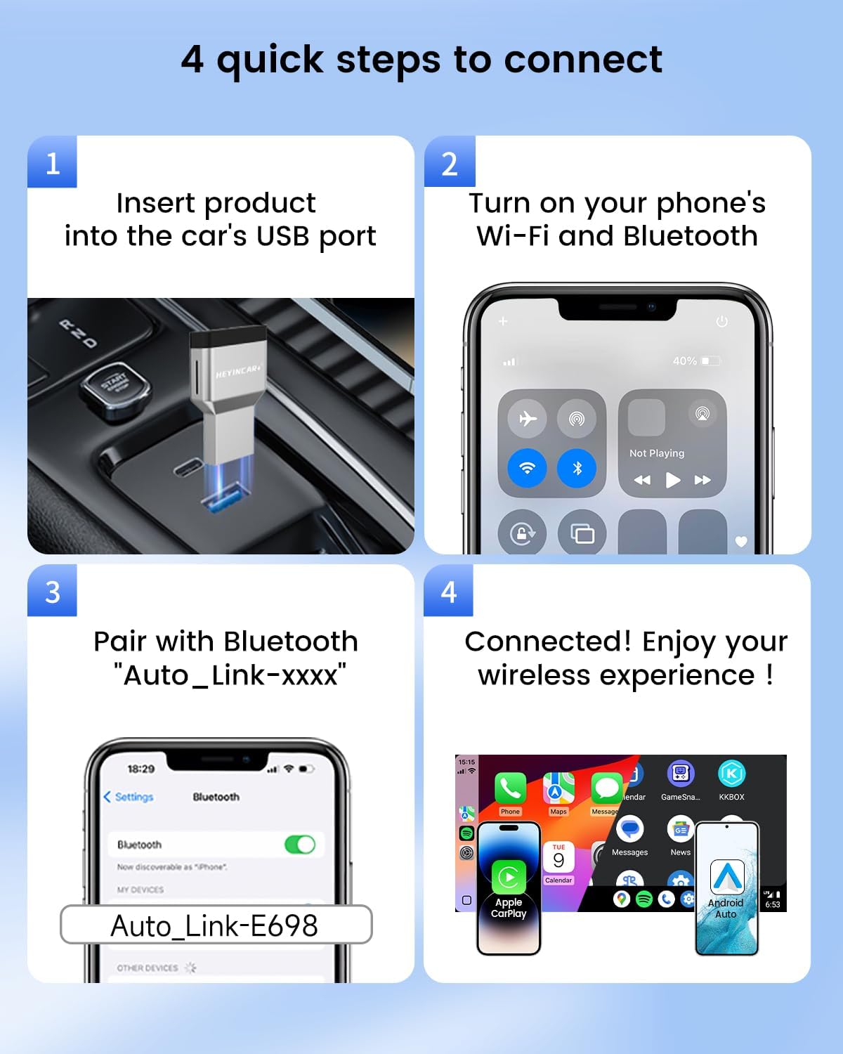 H-Air3.0 Wireless CarPlay & Android Auto Adapter, 2026 Upgrade, Plug & Play USB Dongle, Convert Wired CarPlay Auto to Wireless, No Latency, Fast Connection, for Apple iPhone & Android Phones