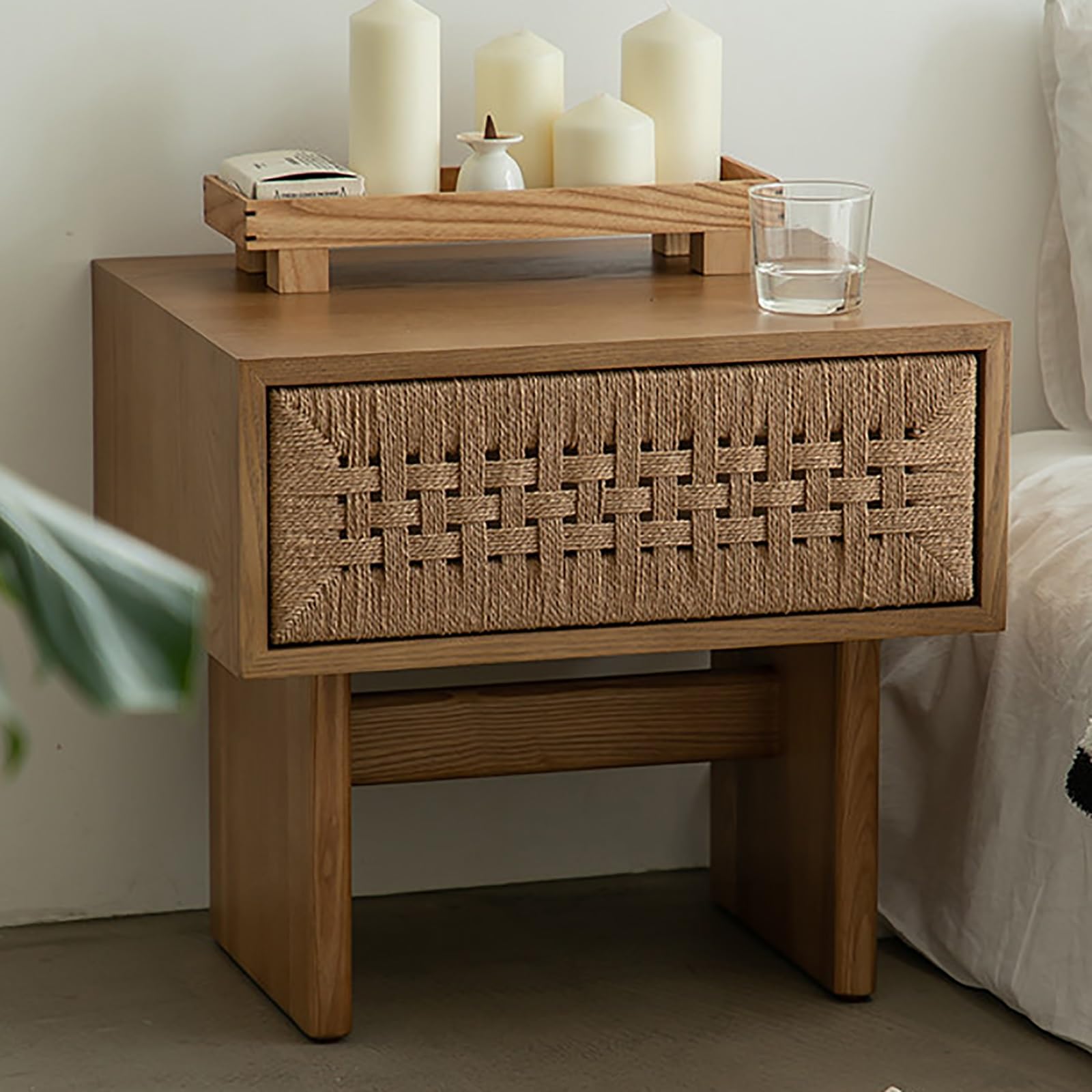 SXZenSpace Rattan Nightstand with Retractable Drawer Bedside Table Solid Wood Night Stand for Bedroom Dorm and Small Spaces(Natural)