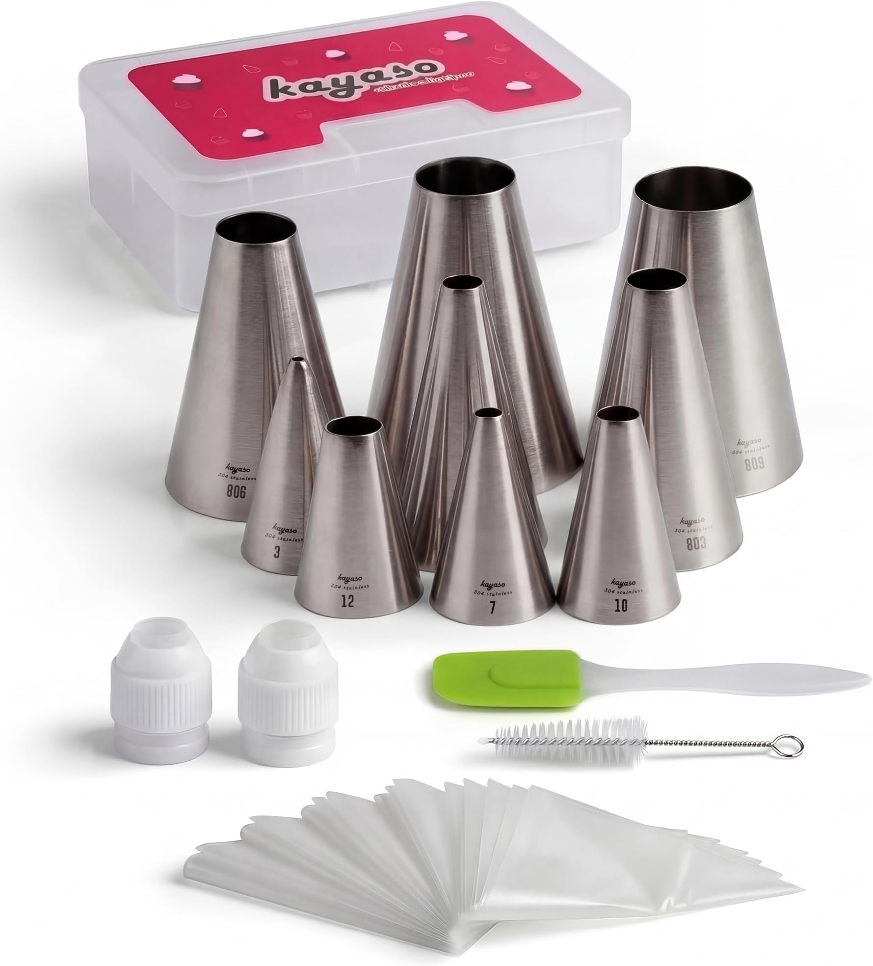 Round Piping Tip Set – 9 Stainless Steel Pastry Tips in Graduated Sizes with 20 Disposable Decorating Bags for Cupcakes, Cakes, Cookies, and Frosting Design