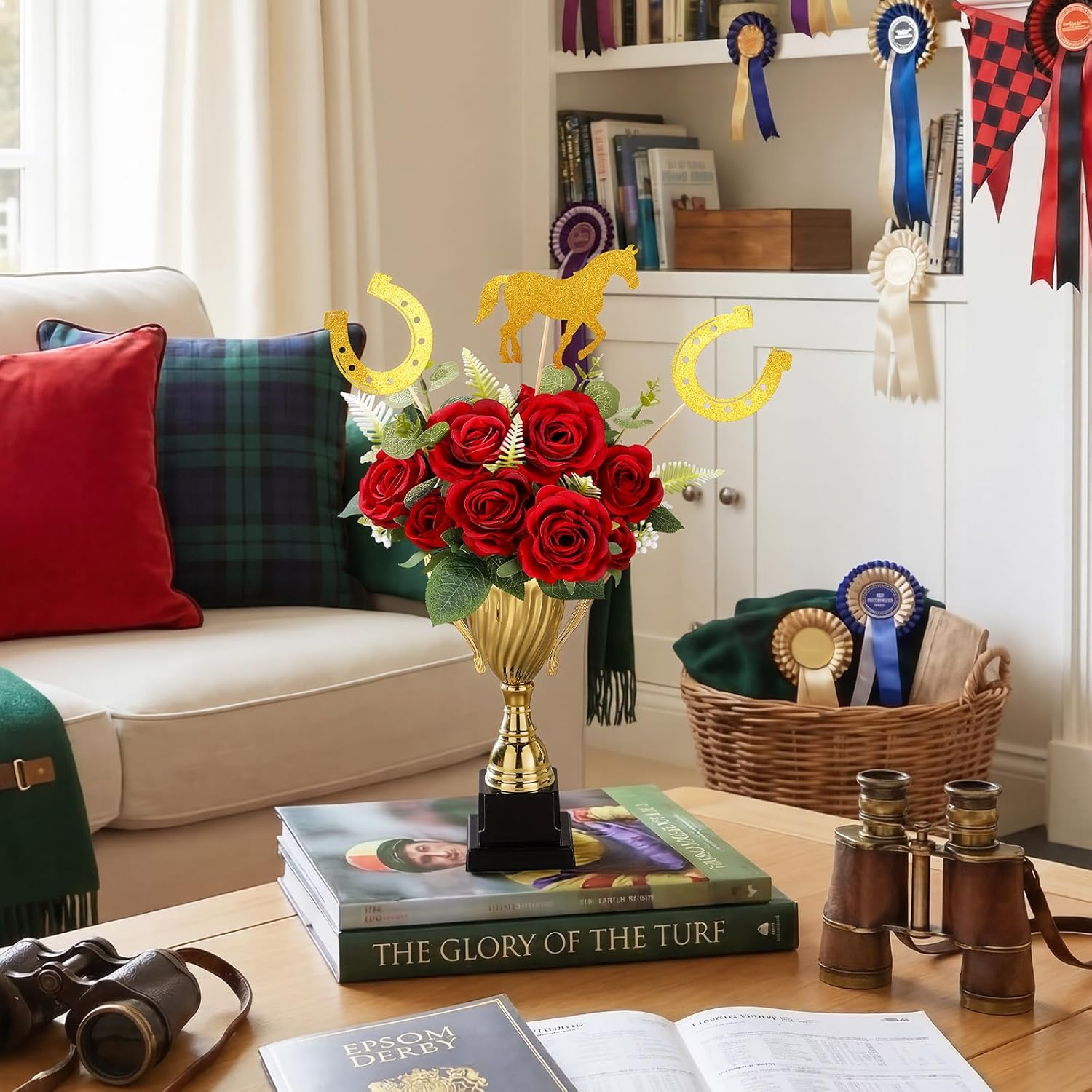 Kenning 16 Pcs Large Derby Day Table Decorations 12 inch Horse Racing Centerpieces with Mental Trophy 2 Artificial Rose 10 Eucalyptus 3 Horse Sticks Derby Horsing Race Party Supplies Table Toppers