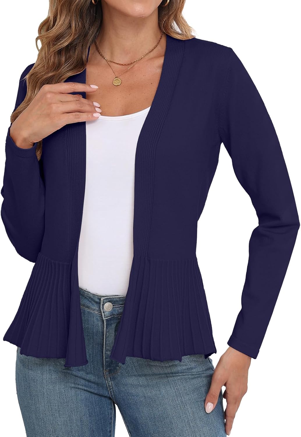 GRECERELLE Women Lightweight Casual Long Sleeves Cropped Cardigan Open Front Peplum Knit Sweater Outwear - Image 2