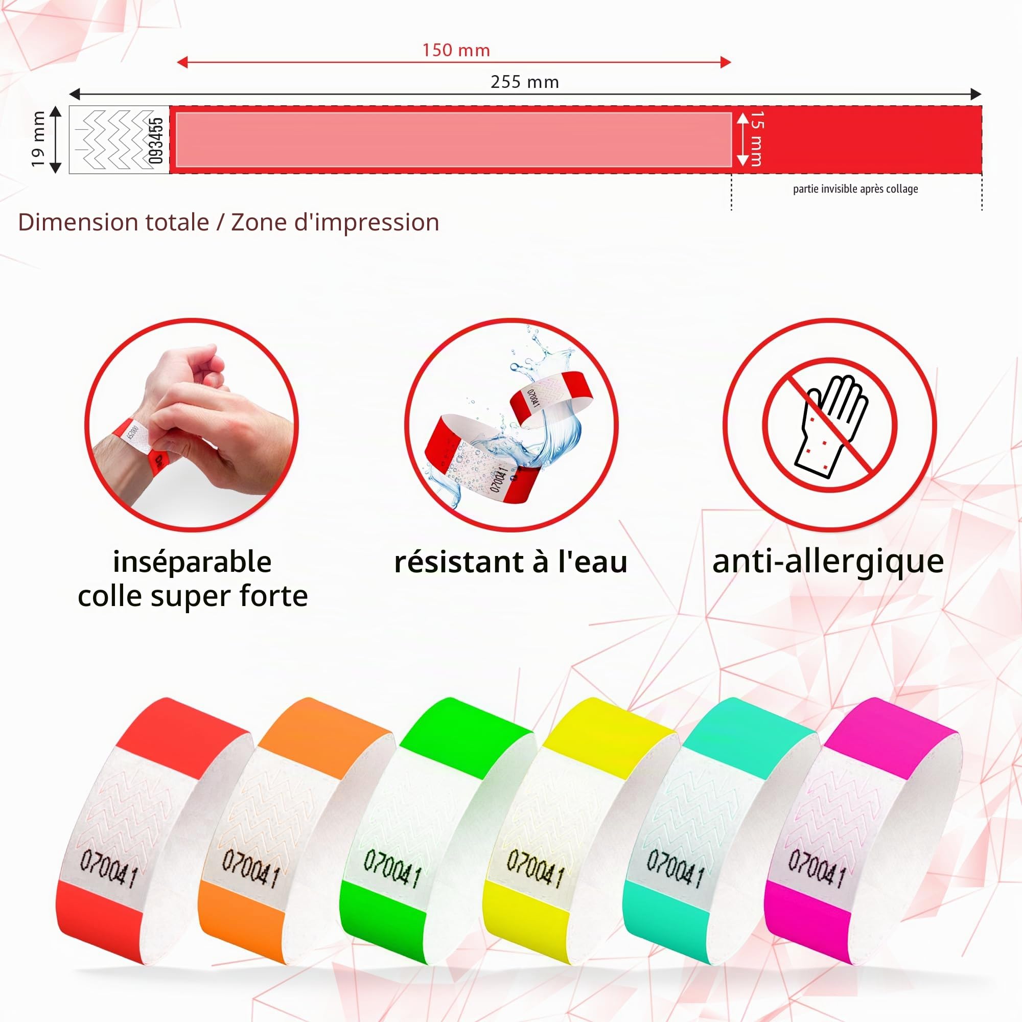 Bracelets Tyvek Evenementiel avec Une Impression Personnalisée 19 x 255 mm - 500 Pieces Bracelet Identification de Festival - Autocollant et Imperméable
