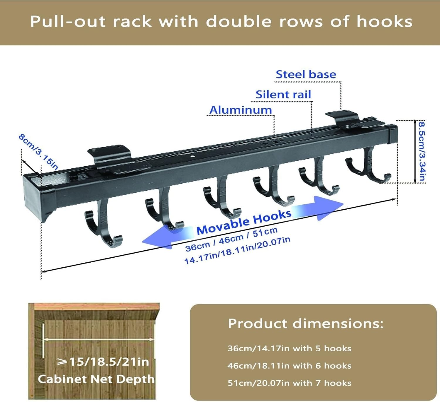 Aluminum alloy pull out pot pan rack with 5-7 movable hooks,pot hangers for kitchen,Pull Out Mop Broom Holder & Organizer Tool Racks ,For cabinets and miscellaneous storage(Black,36cm/14.17in)