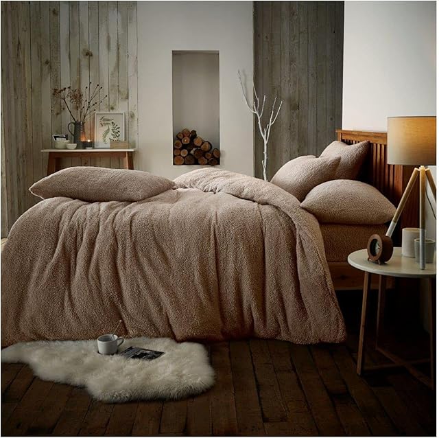 Luxury Soft Teddy Bear Fleece Duvet cover with Pillowcases, Thermal Warm Fluffy Fleece Bedding Quilt Set, Doublesize, Mink