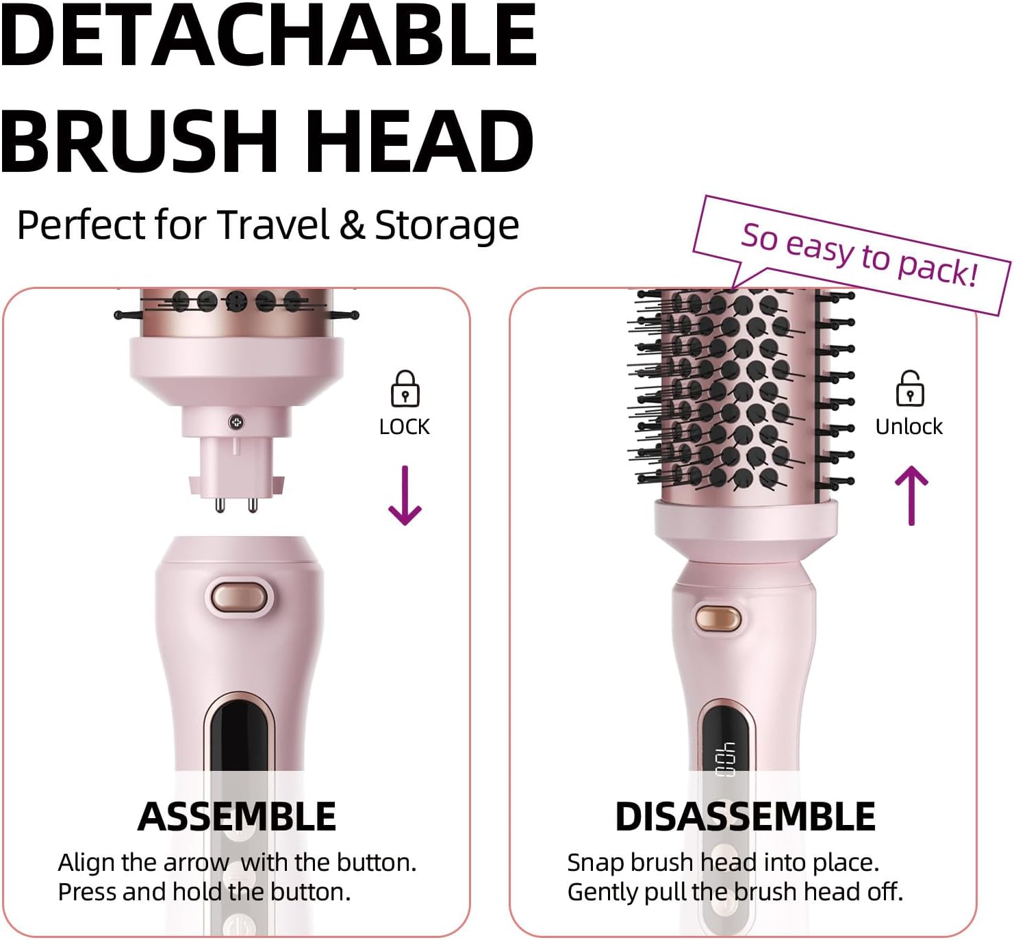 Thermal Brush, 1.7 inch Heated Round Brush with Detachable Head, Velvet Pouch and Dual Voltage for Travel, Easy to Create Blowout Look (Silver) (Pink)