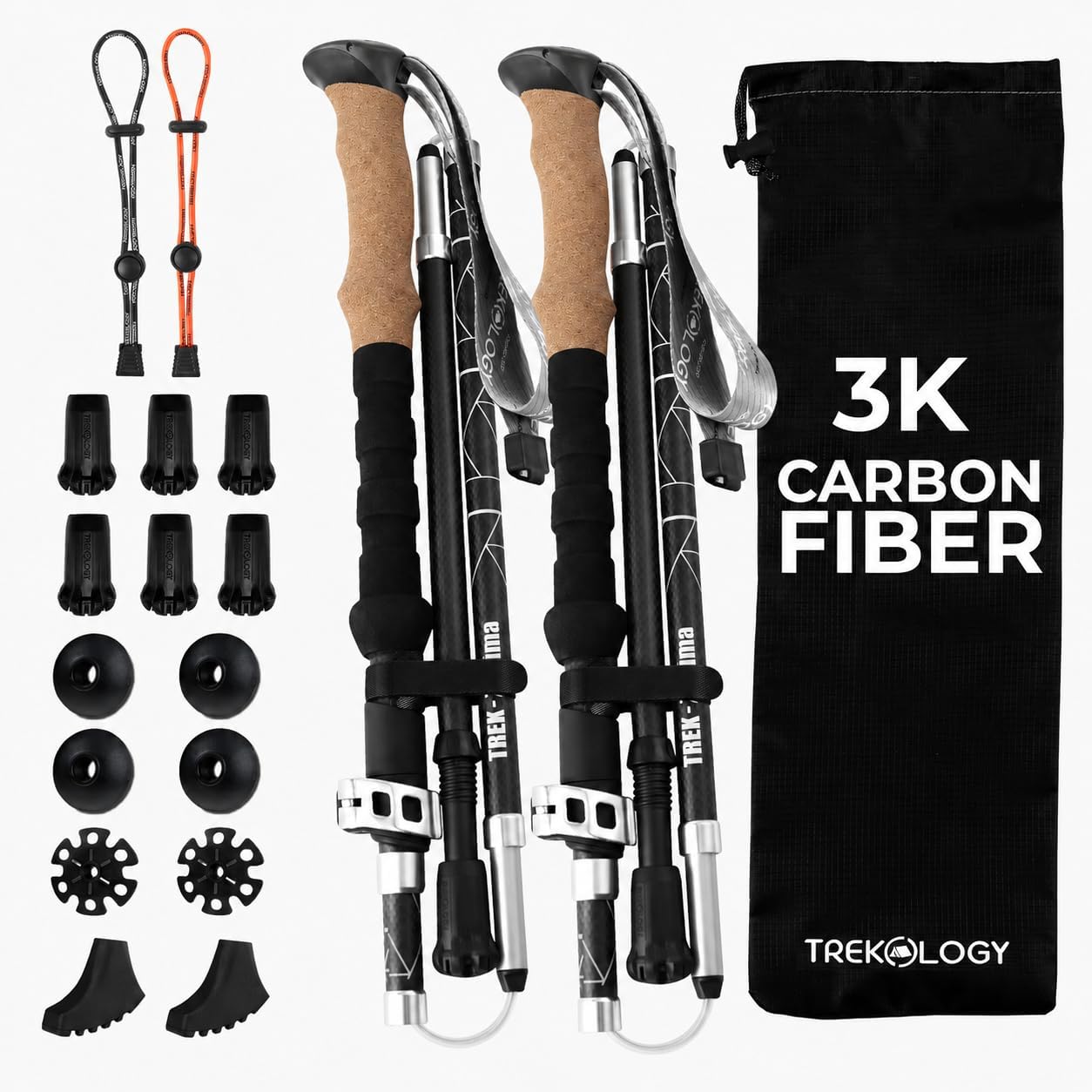 Trekology Trek-Z Prima 3K Carbon Fiber Trekking Hiking Poles (Silver,100cm) Bundle Up with 8-Piece Trekking Pole Tips & Backpack Bungee Holder Kit – Ultralight Folding Hiking Poles for Hiking & Travel