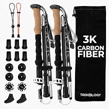 Trekology Trek-Z Prima 3K Carbon Fiber Trekking Hiking Poles (Silver,115cm) Bundle Up with 8-Piece Trekking Pole Tips & Backpack Bungee Holder Kit – Ultralight Folding Hiking Poles for Hiking & Travel