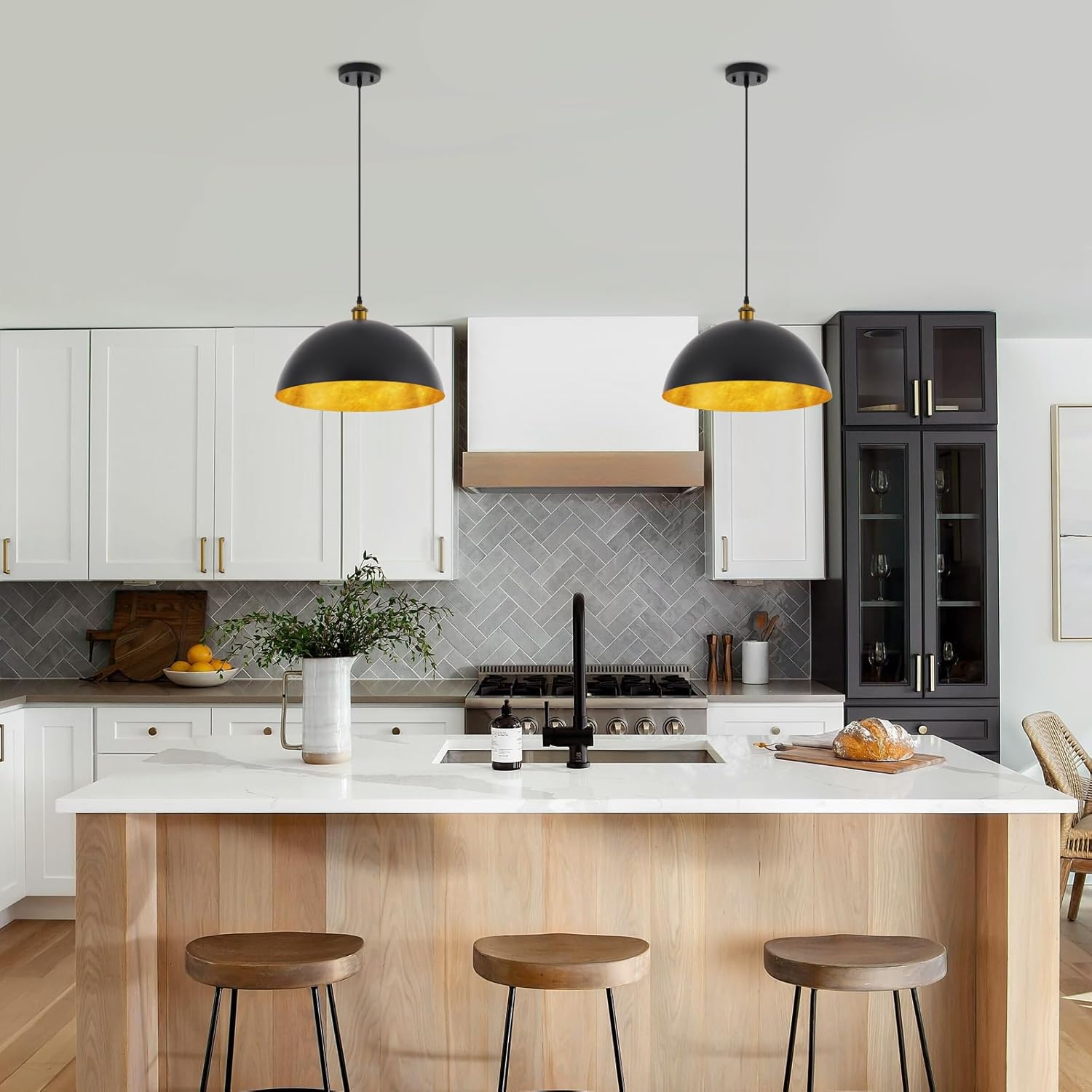 18” Large Industrial Pendant Light with Gold Leaf Shade Adjustable Dome Pendant Lighting Fixtures Modern Chandelier for Dining Room Kitchen Island Living Room, Matte Black, UL Listed