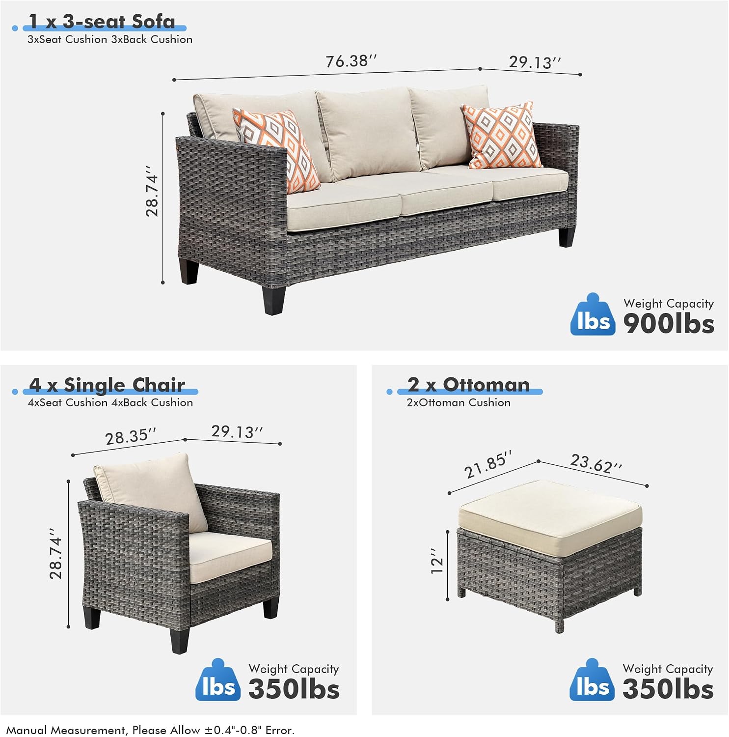 7 Piece Outdoor Patio Furniture with 3 Seat Sofa,Rattan Wicker Coversation Set with Ottoman,Sectional Single Chairs for Outside Porch Balcony Backyard Pool (Beige)