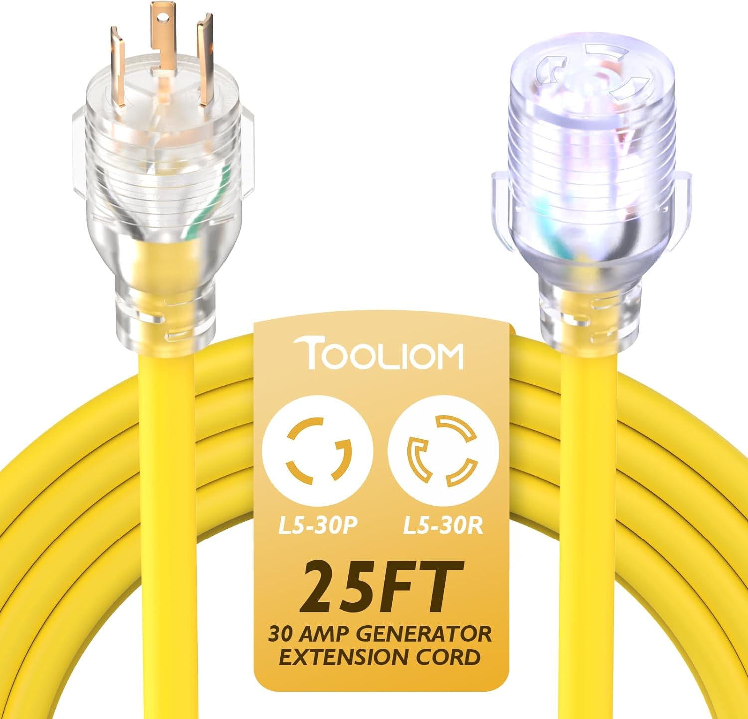 TOOLIOM 30 Amp Generator Cord, L5-30P/L5-30R Generator Extension Cord, UL Listed 125V 3750W 10 AWG SJTW with Lighted Power Indicator (25FT)