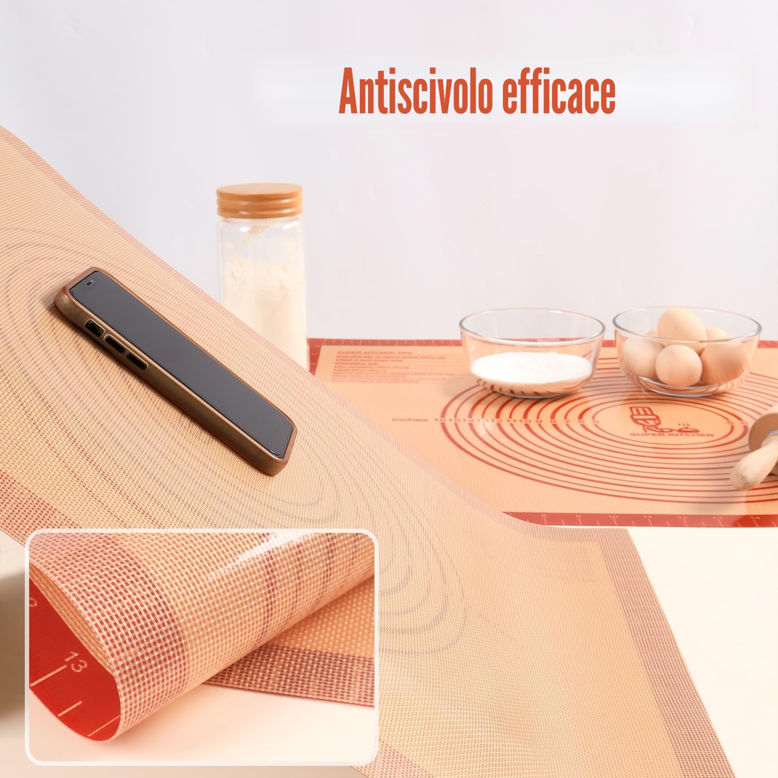 Super Kitchen - Tappetino da pasticceria in silicone per uso alimentare, doppio spessore, con misure 71 x 50 cm, antiscivolo, per impastare e cuocere