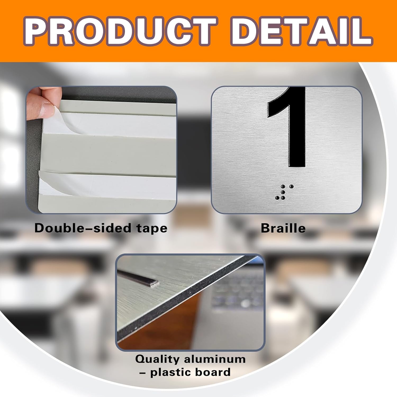 Exam Room Signs with Braille and Raised Numbers 1 Double Sided Tape Silver 4" x 4" for Apartment Offices Educational Institution Elevator Sign Door Number Signs