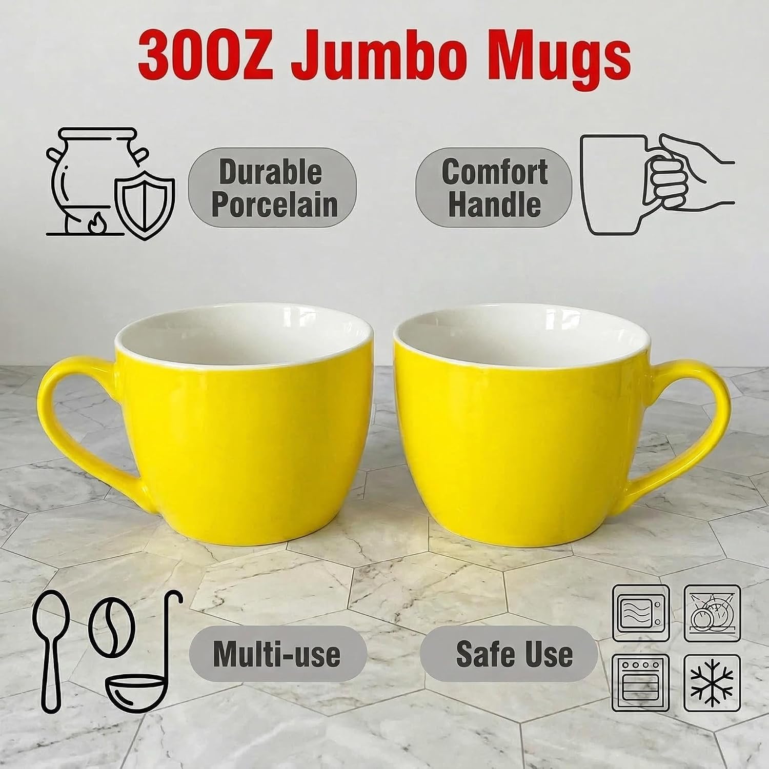 MECOWON 30 OZ Porcelain Coffee Mugs, Set of 2 Large Mugs for Soup, Cereal and Salad (Yellow)