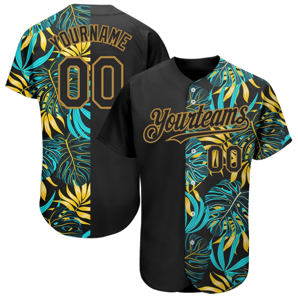 Customize Tropical Leaves Baseball Shirt for Men Youth Teens, Personalized Hawaiian Sport Shirts with Stitched Old Gold Text, Colorful Black Green Yellow Hawaii Beach Shirts for Team Family Group