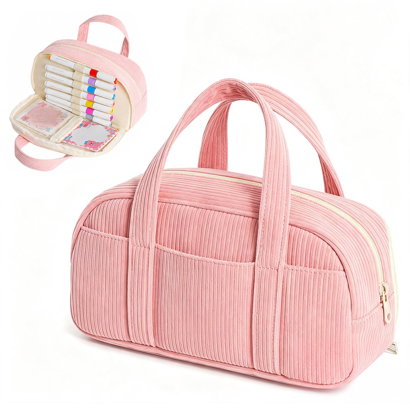 Large Capacity Pencil Case for Girls, Corduroy Pencil Cases (Pink) — image 1