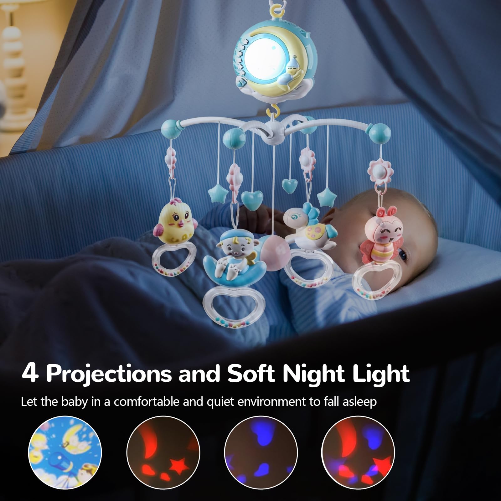 Mobile Musical Lit Bébé, Mobile Musicale pour Lits avec Veilleuse, Projecteur et 150 Berceuses Mobile Lit Bebe Hochets Rotatifs Suspendus Boîte à Musique Télécommandée Jouet Cadeau pour Nouveau Née