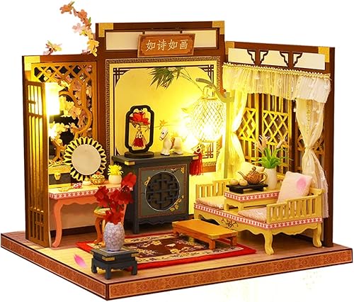 Miniatura 15 de Roroom Kit de casa de muñecas en miniatura y muebles, mini casa de muñecas de madera 3D, modelo artesanal estilo chino con cubierta a prueba de Hl05