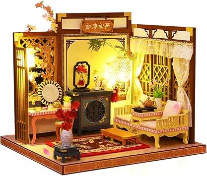 Roroom DIY Miniature and Furniture Dollhouse Kit,Mini 3D Wooden Doll House Craft Model ChineseStyle with Dust Proof Cover and LED,Creative Room Idea for Valentines Day Birthday GiftHL08