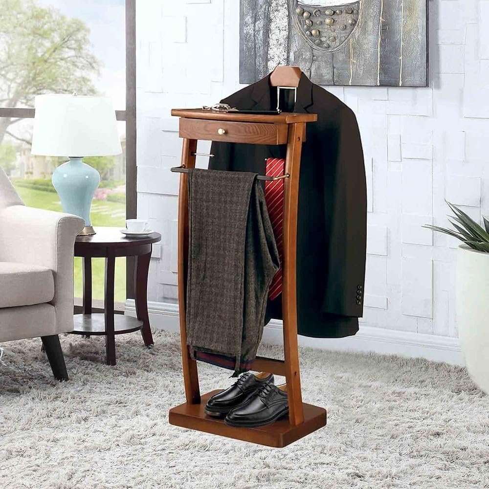 Floor Standing Clothes Valet with Drawer Shelf, Solid Wood Suit Valet Stand, Valet Stand Suits Stand with Trouser Bar Jacket Hanger, for Office Living Room Bed Room 44.4X,