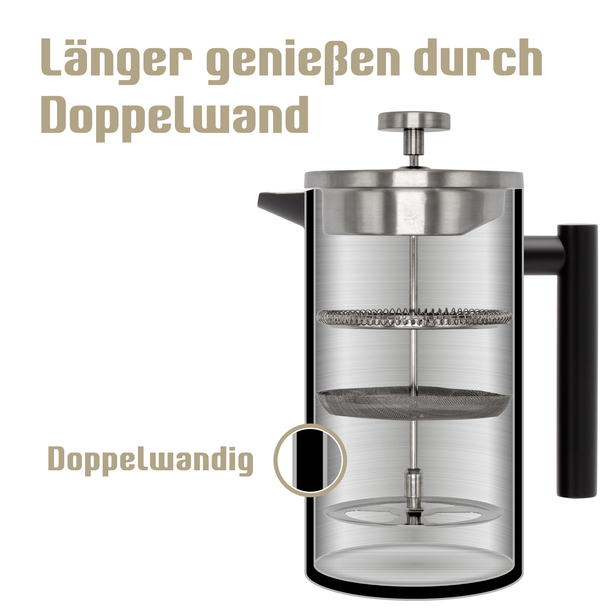 French Press Set I Cafetera Thermo Prensa de Café de Filtro 1 Litro Espumador de Leche Doble Pared Aislante Acero Inoxidable (Negro)