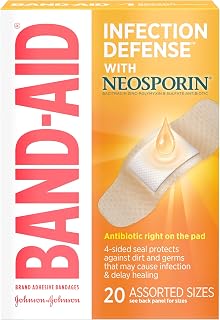 Band-Aid Infection Defense Bandages with Neosporin Antibiotic Ointment, Assorted Sizes, 20 Ct Wound Care First Aid