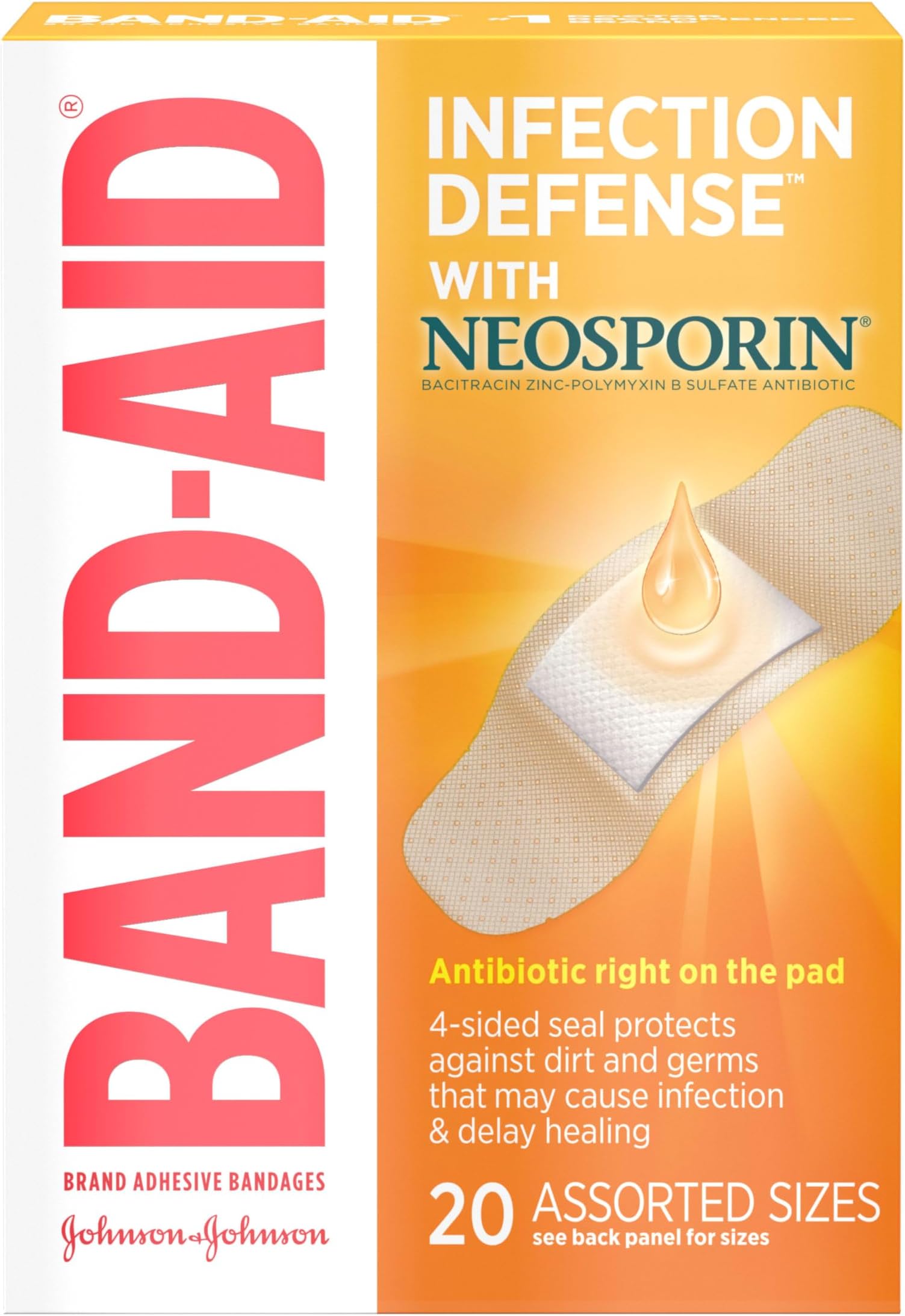 Brand Adhesive Bandages Infection Defense with Neosporin Antibiotic Ointment, Pack of Assorted Sizes, for Wound Care and First Aid, 20 ct