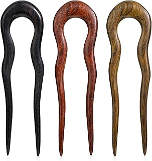 3 Pack Wooden Hair Sticks for Women, U Shaped Hair Fork, French U Shaped Hairpin with Two Prongs Hair Clips, U Shape Hair Forks for Long Hair, Frosted French Hair Pin, Vintage Matte Hair Pins