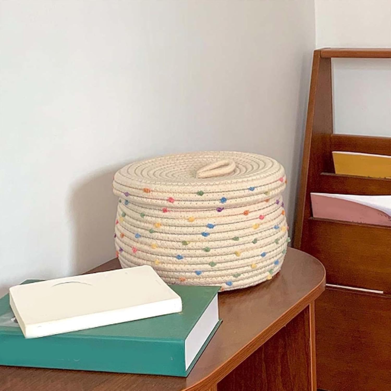 Round Cotton Rope Storage Basket with Lid, Colorful Rainbow Pompom Woven Storage Bin Decorative Toy Basket with Colorful Rainbow Pompom for Snacks Towels Plants image 5