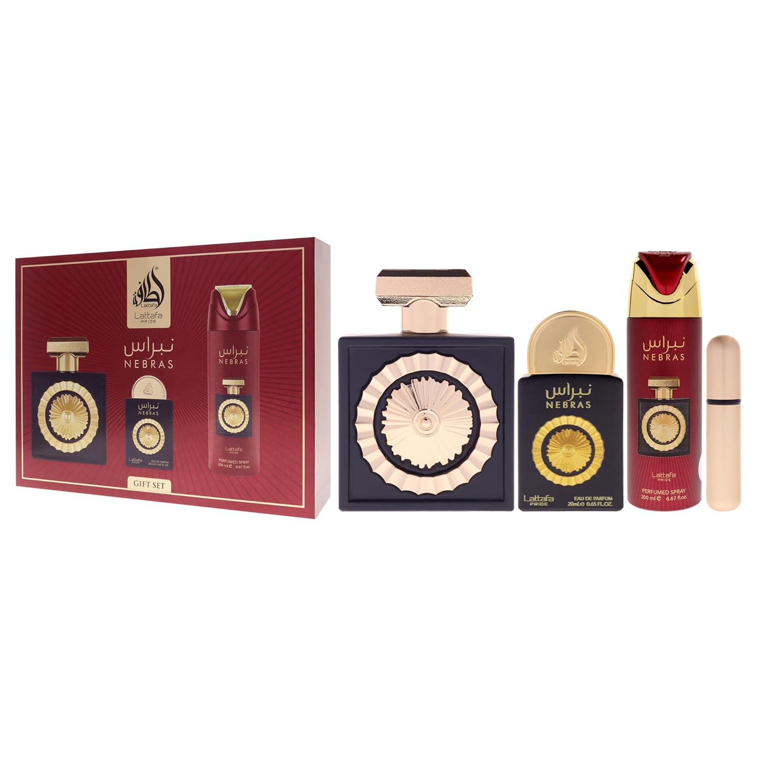 Lattafa Pride Nebras – Fruity, Sweet, Vanilla, Amber – 3-Piece Gift Set for Unisex (3.4 Ounce Eau de Parfum Spray + 0.65 Ounce Eau de Parfum Spray + 6.67 Ounce Deodorant Spray)