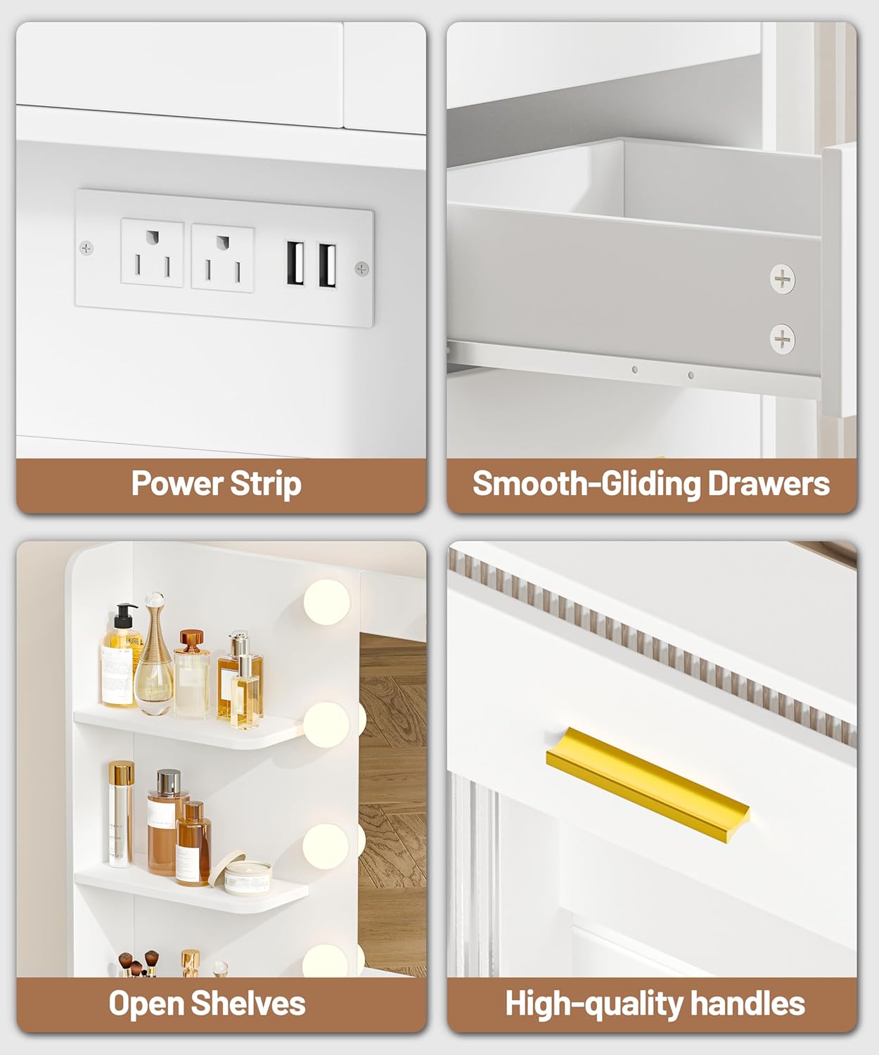 Vanity Desk with Mirror and Lights, Makeup Vanity with 6 Drawers, Transparent Top Vanity with 2 Cabinets & Storage Shelves, Power Outlet, for Women and Girls Bedroom, White