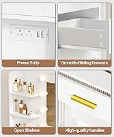 Vista 7 de Escritorio de tocador con espejo y luces, tocador de maquillaje con 6 cajones, tocador superior transparente con 2 armarios y estantes