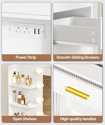 Miniatura 7 de Escritorio de tocador con espejo y luces, tocador de maquillaje con 6 cajones, tocador superior transparente con 2 armarios y estantes de