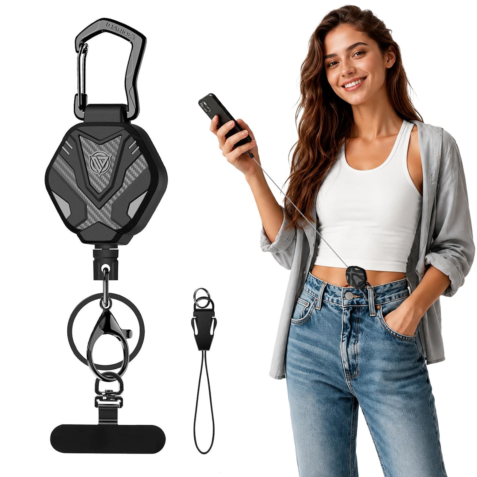 Photo 1 of Oaridey Anti Theft Phone Strap with Interval Locking, Retractable Steel Cell Phone Lanyard with Metal Carabiner and 360° Phone Tether Tab For Skiing, Hiking, Fishing, Concert and Traveling, 1 Pack